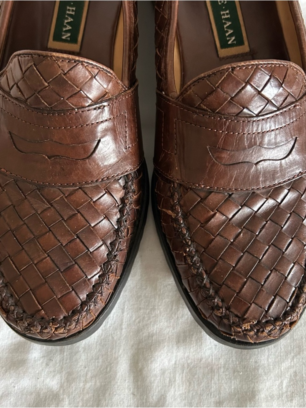 Bragano By COLE HAAN Woven Slip-On Brown Leather Loafers Timeless Size 10.5M - Picture 3 of 9